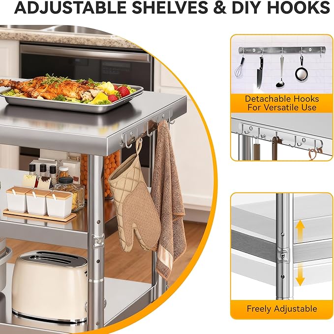 DWVO 30x24in Stainless Steel Table, NSF Metal Prep Worktable with 2 Adjustable Shelves & Wheels for Kitchen Restaurant Hotel Garage Warehouse Home