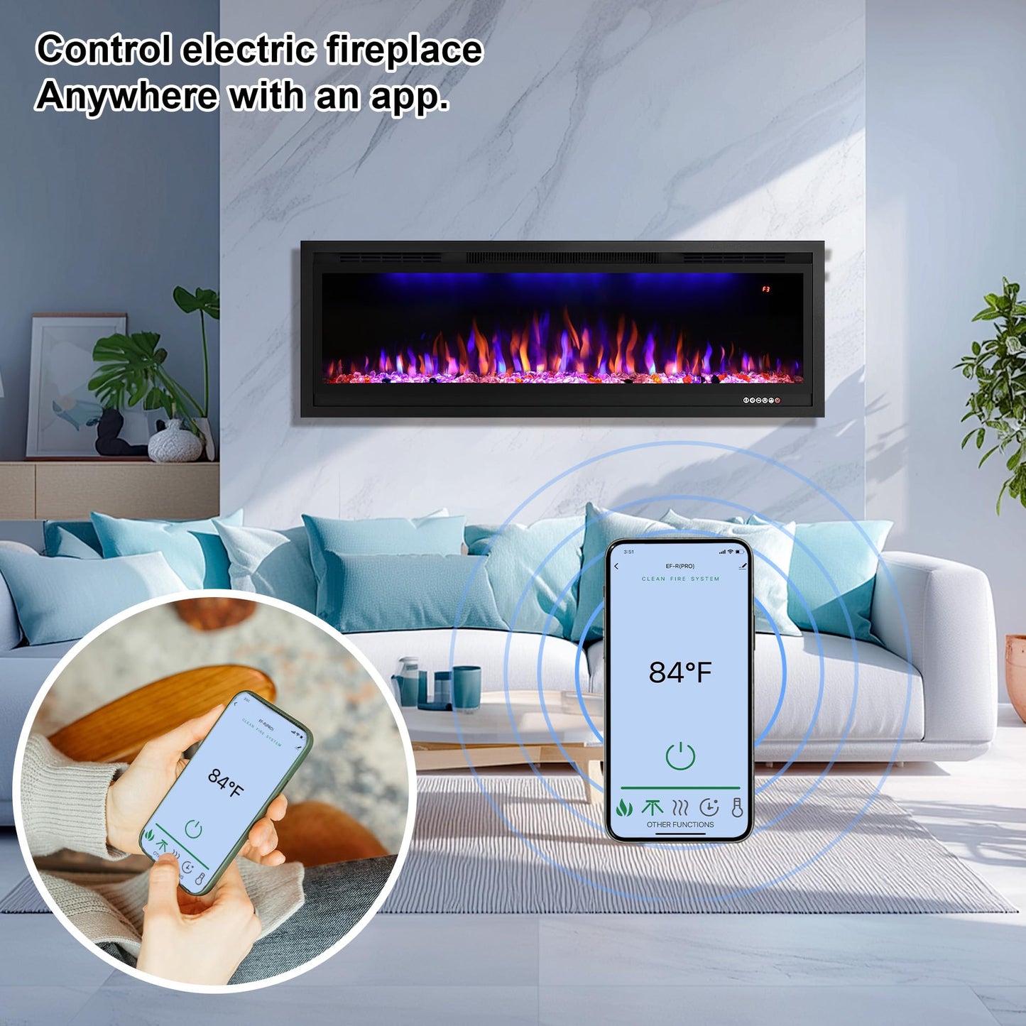 Rodalflame 60" WiFi-Enabled Electric Fireplace Insert, APP Smart Control, Wall Mounted&Recessed Linear Fireplace Heater with Thermostat, Flame&Top Lights, Log&Crystal, Timer