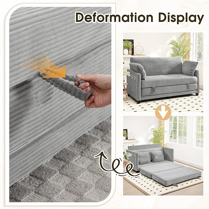 65" Convertible Loveseat Sofa Bed, 2-in-1 Folding Sofa Bed with 2 Pillow for Small Spaces, Modern Loveseat Sleeper Couch for Apartment, Living Room & Guest Room (Light Grey Corduroy, 65 inch)