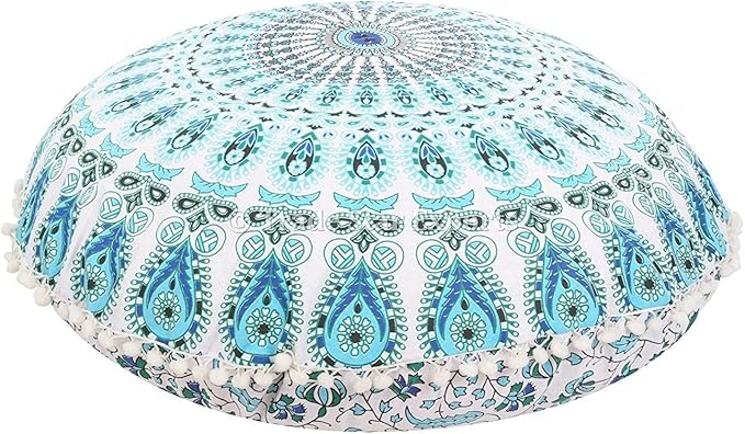 Shubhlaxmifashion Large 32" Round Pillow Cover, Decorative Mandala Pillow Sham, Indian Bohemian Ottoman Poufs, Pom Pom Pillow Cases, Outdoor Cushion Cover,