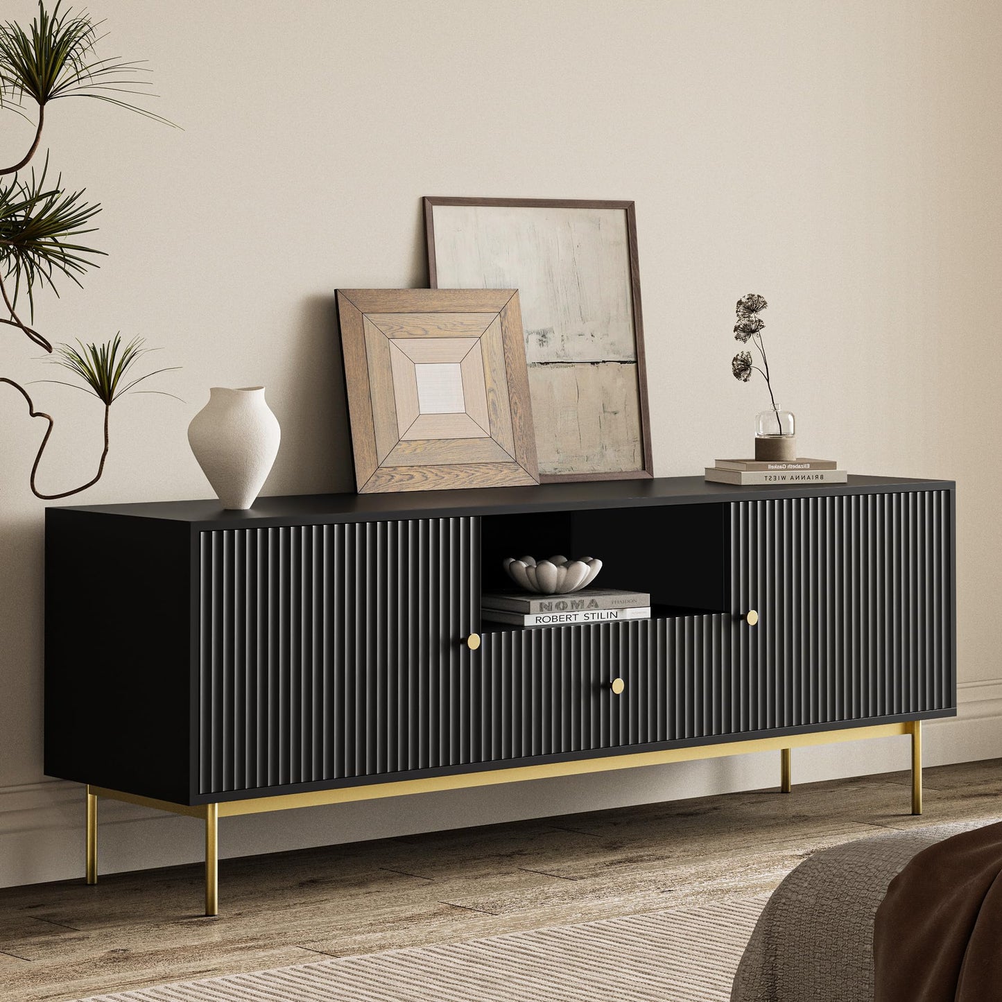 MAISONARIA Fluted TV Stand, Modern TV Stand for 70 Inch TV, Entertainment Center with 2 Storage Cabinets, Fluted Panel Media Console for Living Room, Bedroom, Office, Black
