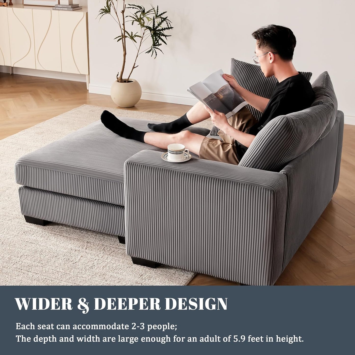 Mangodan 58.3" Oversized Chaise Lounge Indoor for Living Room, Solid Wood Comfy Sleeper Reclining Chair with Thickened Cushions Widened Armrests for Bedroom, Deep Seat Lounge Chair with Ottoman, Grey