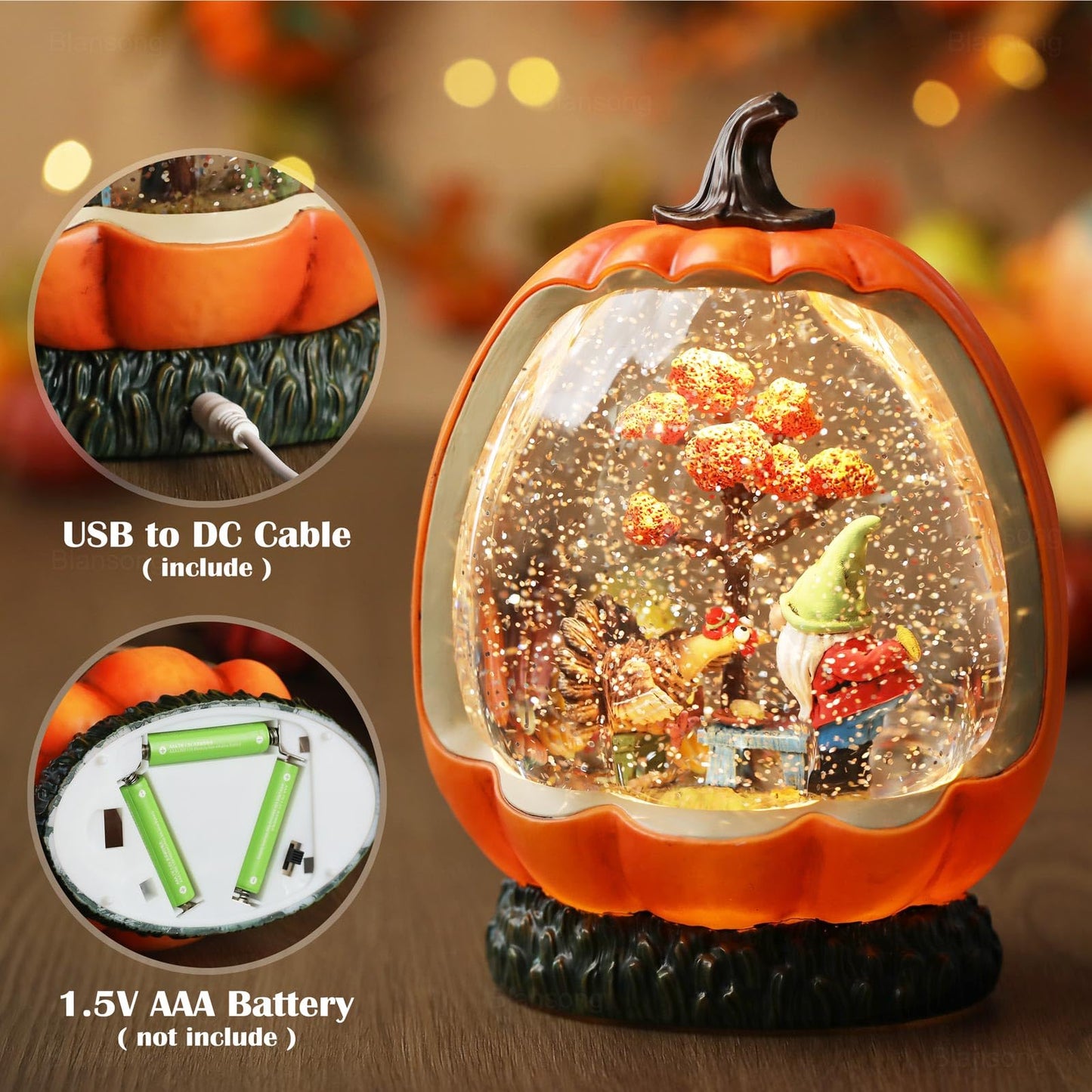 Blansong Fall Snow Globe Pumpkin Fall Decorations for Home Gnome Turkey Swirling Glitter Timer Thanksgiving Gift Autumn Harvest Fall Decor