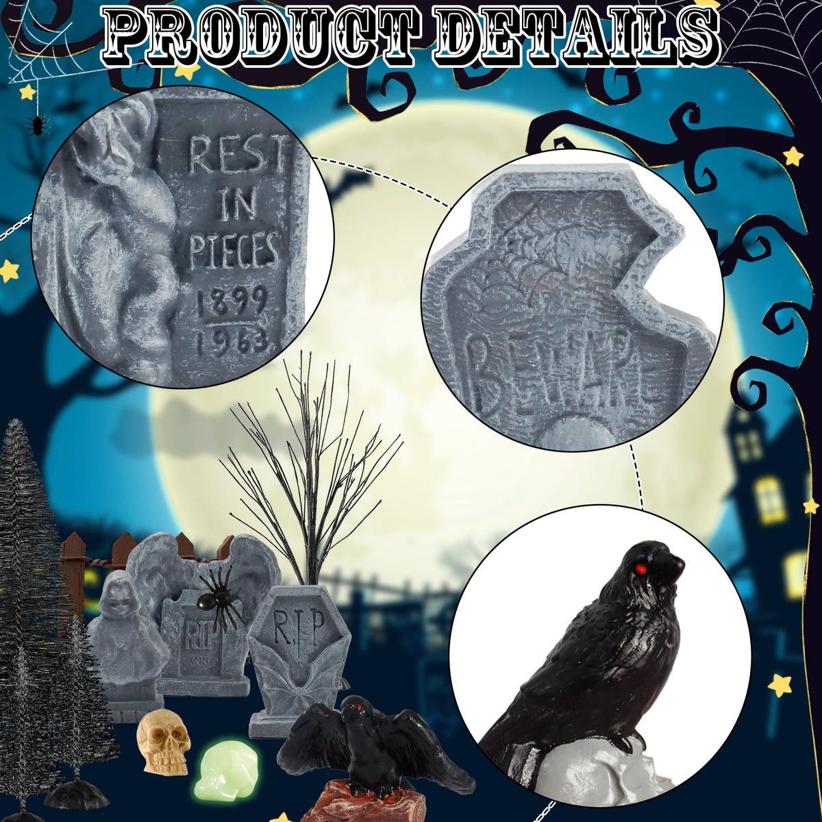 65 Pcs Halloween Village Accessories Set Miniature Tombstone Crow Figurines Mini Plastic Skulls Spiders Fence Bare Branch Trees Halloween Town Set for Mini Graveyard Scene Decor