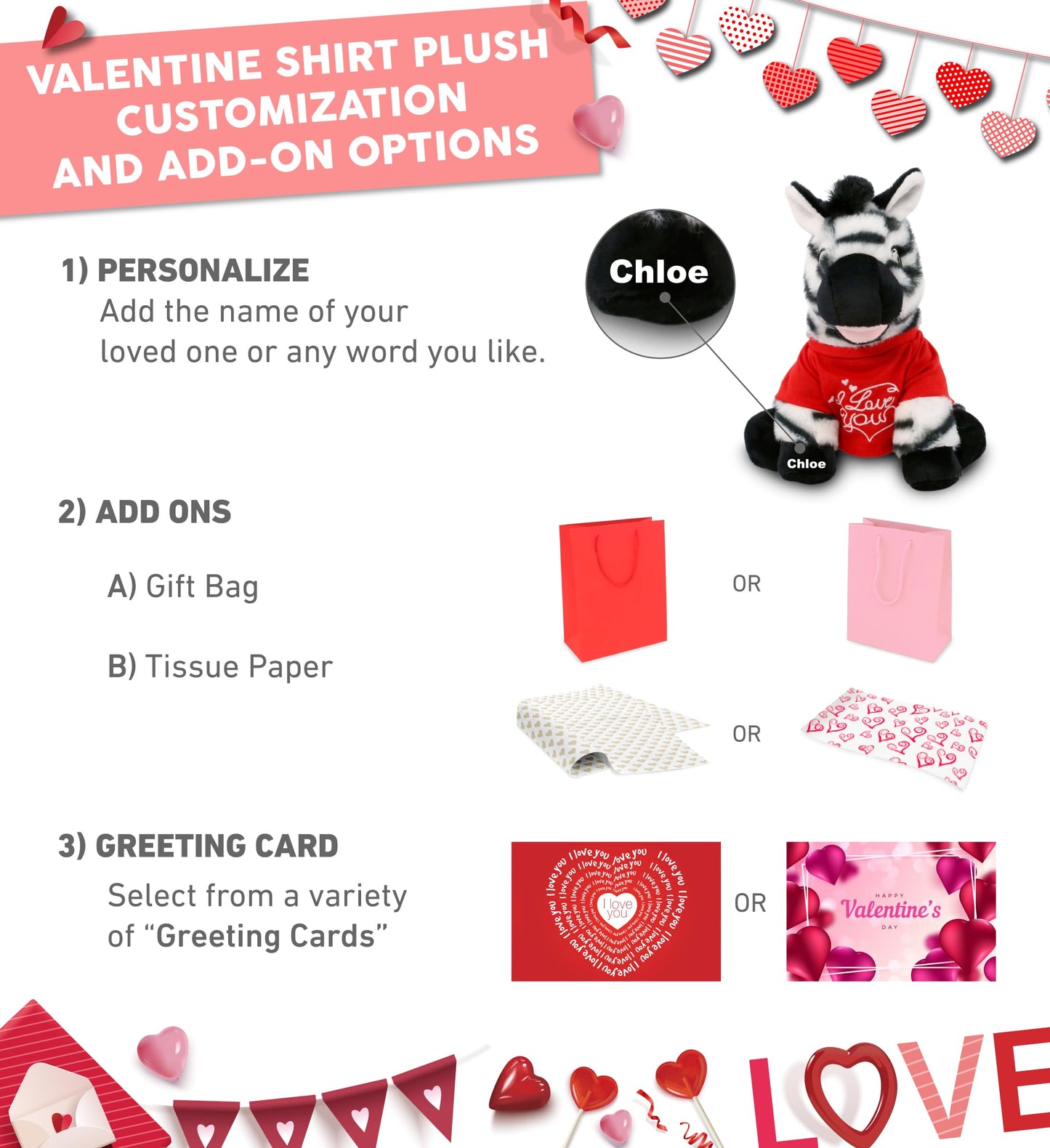 DolliBu I Love You Valentine Plush Zebra - Cute Stuffed Animal with Red Shirt and Name Personalization Gift for Valentines Day, Birthday, Anniversary, Romantic Date - 9 Inches