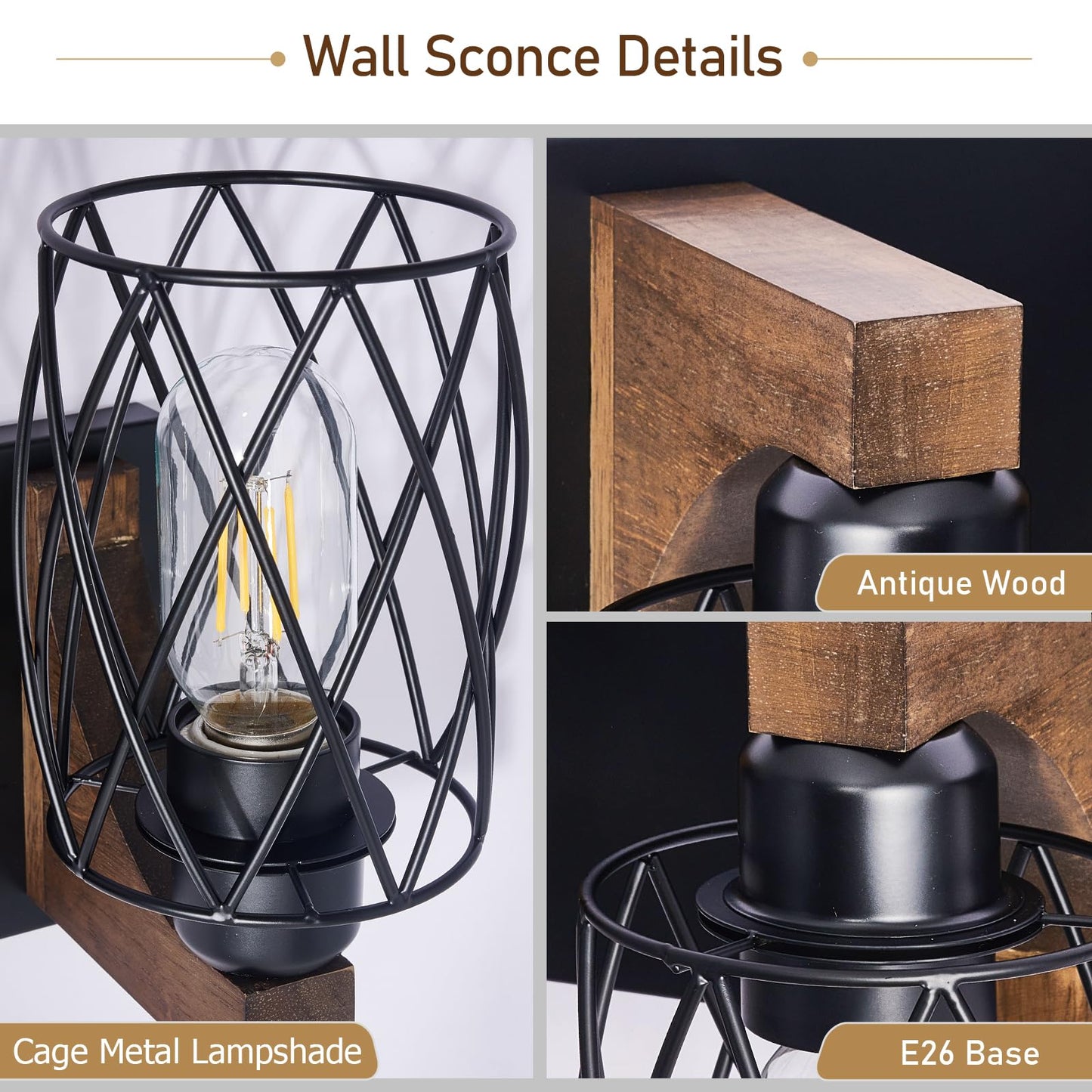 6-Light Farmhouse Vanity Light Fixtures Over Mirror, Black with Cage Metal Shade, Vintage Rustic for Bathroom, Hallway