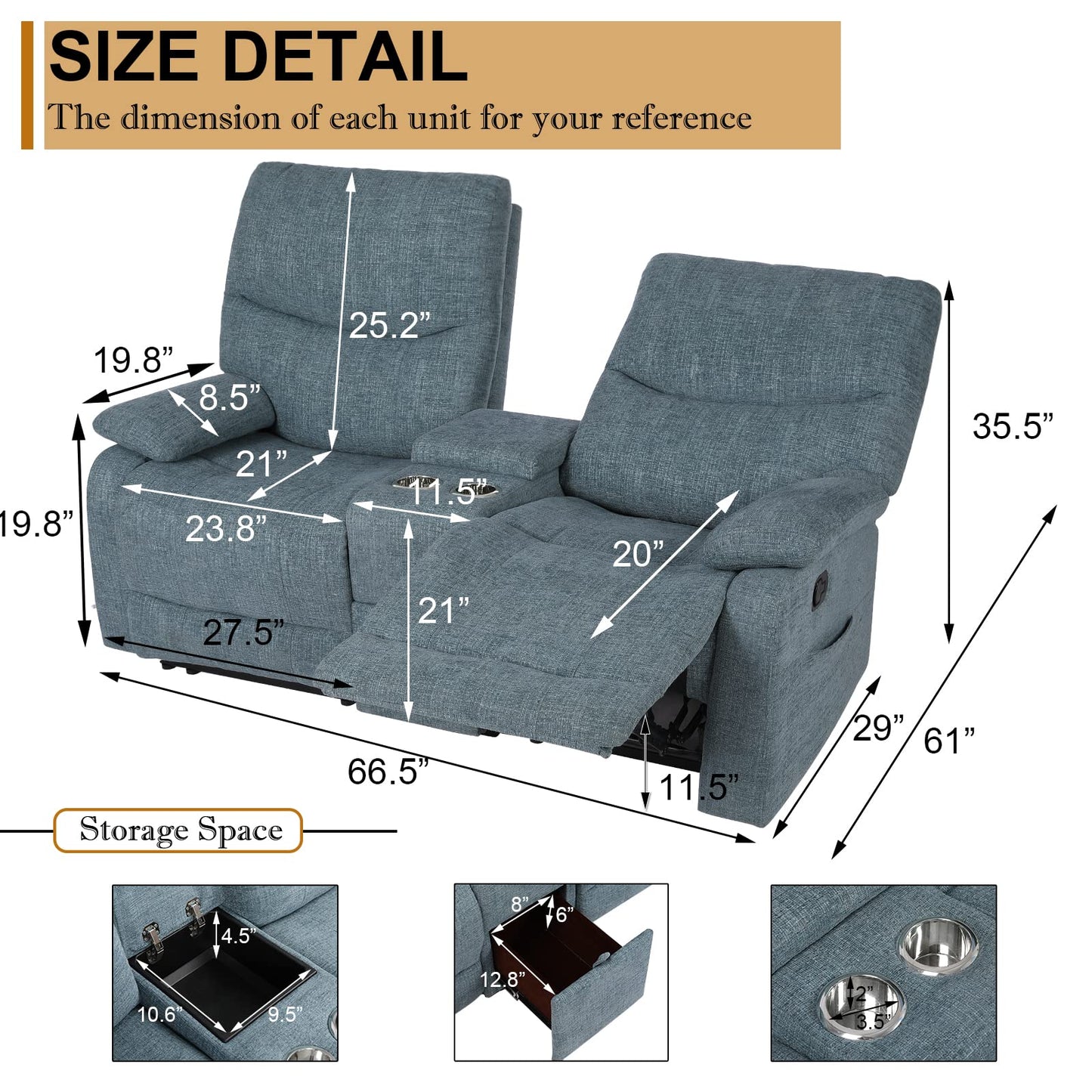 B BAIJIAWEI Double Reclining Loveseat - Fabric Home Theater Seating with Console - 2 Seater Manual Reclining Couch for Living Room, Office (Fabric- Blue)
