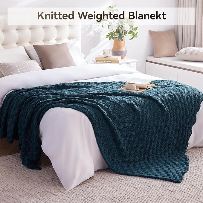 Knitted Weighted Blanket for Adult, No Beads Heavy Blanket 60” x 80'' 12lbs, Breathable Chunky Knit Blanket, Cooling Weighted Blanket for Hot Sleepers, Christmas Home Decor (Peacock Blue)