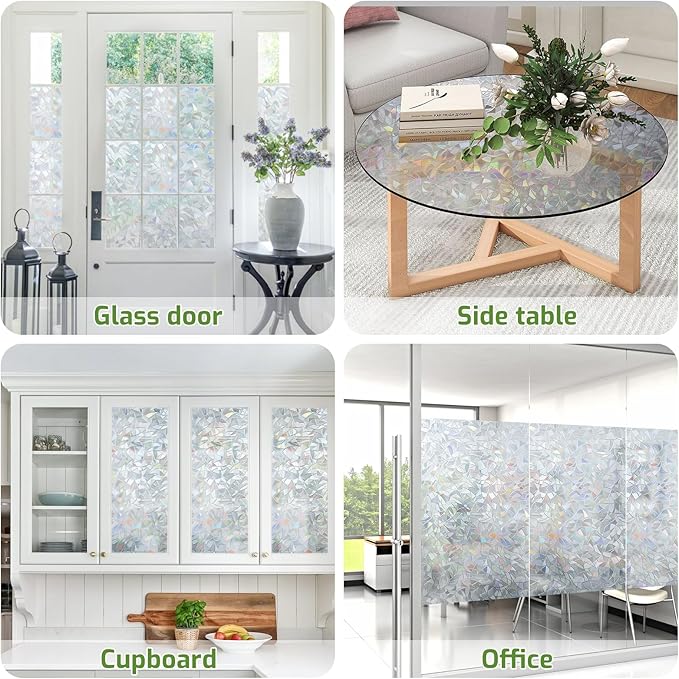 LUTE Window Privacy Film, Rainbow Window Flim, 3D Decorative Stained Glass Cling, Non-Adhesive Vinyl Static Cling UV Blocking Heat Control One Way Glass Covering for Home, Silver, 17.5 x 157.4 inches