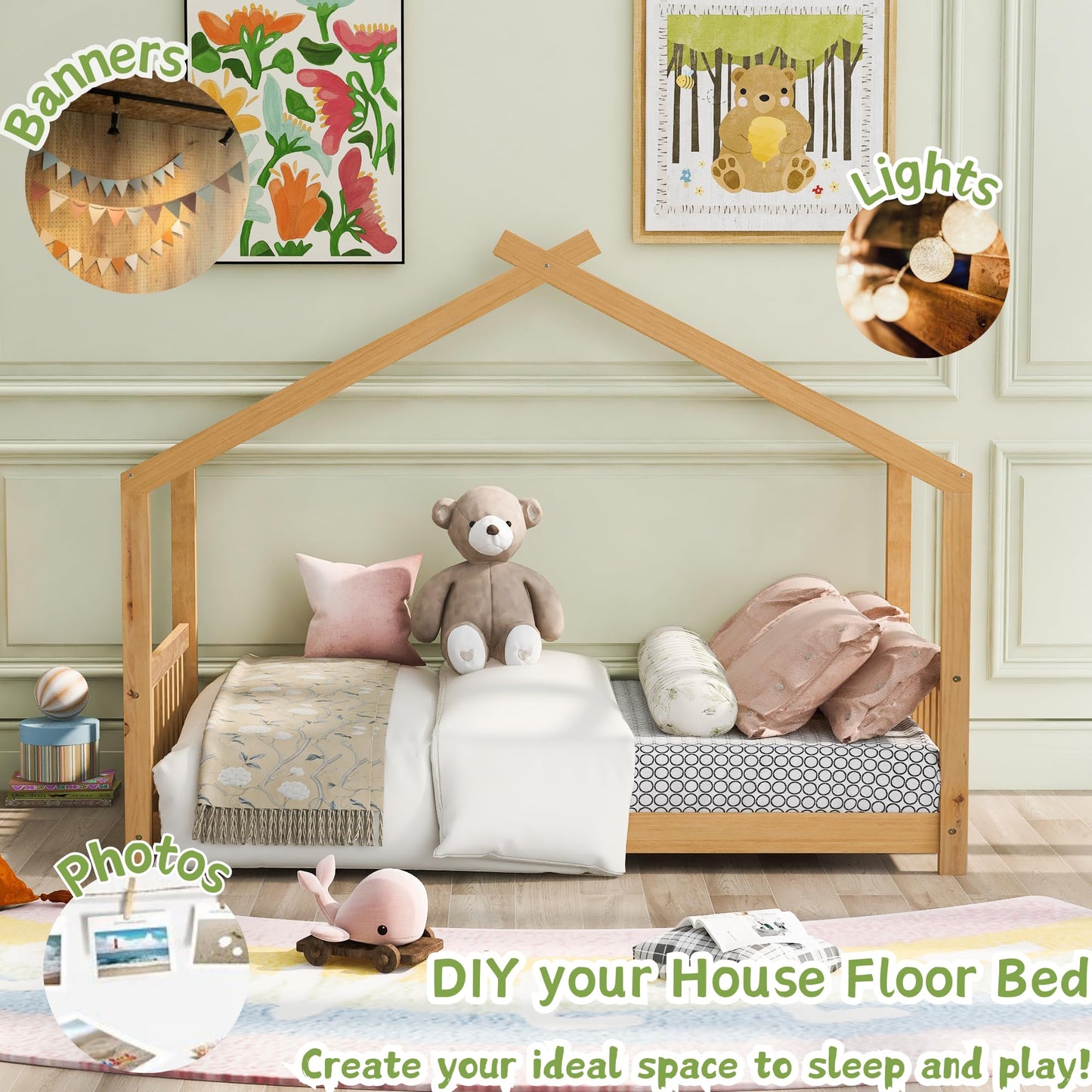 Bellemave Floor House Beds Wood Montessori Bed Frame Twin Size Platform Bed with Headboard & Footboard for Kids Boys Girls Teens, Natural