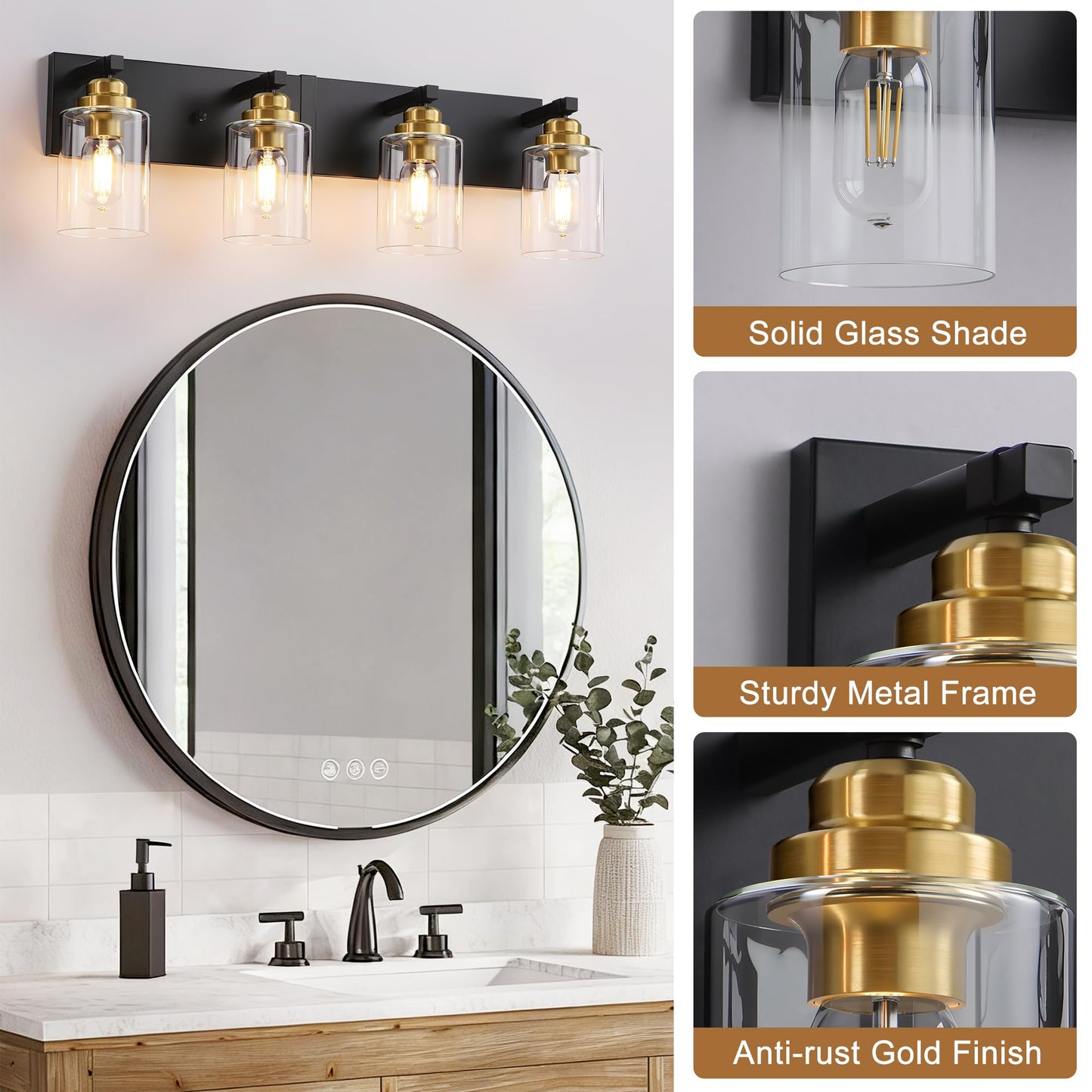 Black and Gold Bathroom Light Fixture, 4 Light Brushed Gold Vanity Light, 27.5" Modern Farmhouse Bathroom Lighting Fixtures Over Mirror, with Clear Glass Shade, Vanity Lights for Bedroom Hallway