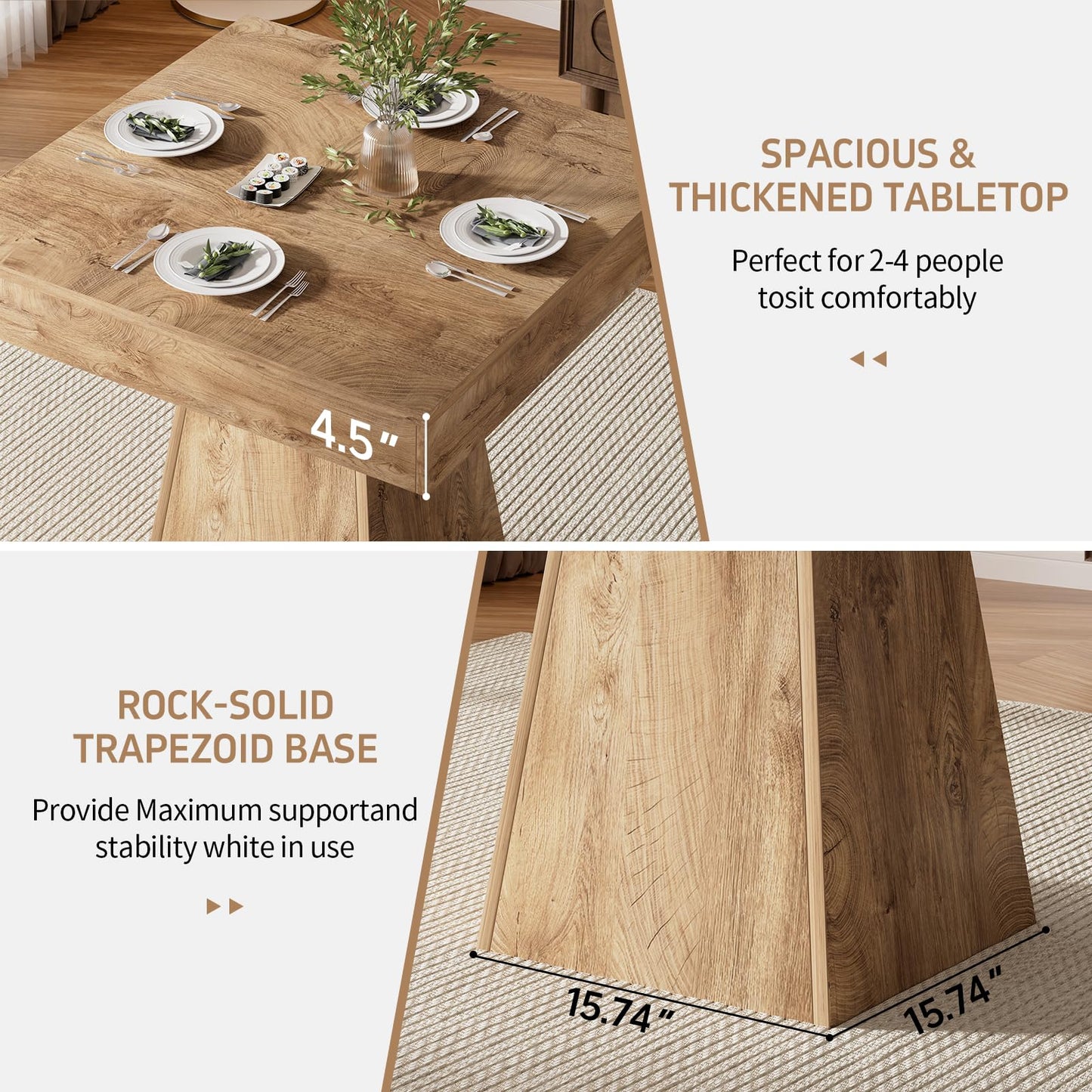 MILEFA Square Dining Table, 31.5-inch Dinner Table for 2-4 People, Kitchen Table with Load-Bearing Trapezoidal Base, for Home, Dining Room, Small Space, Brown