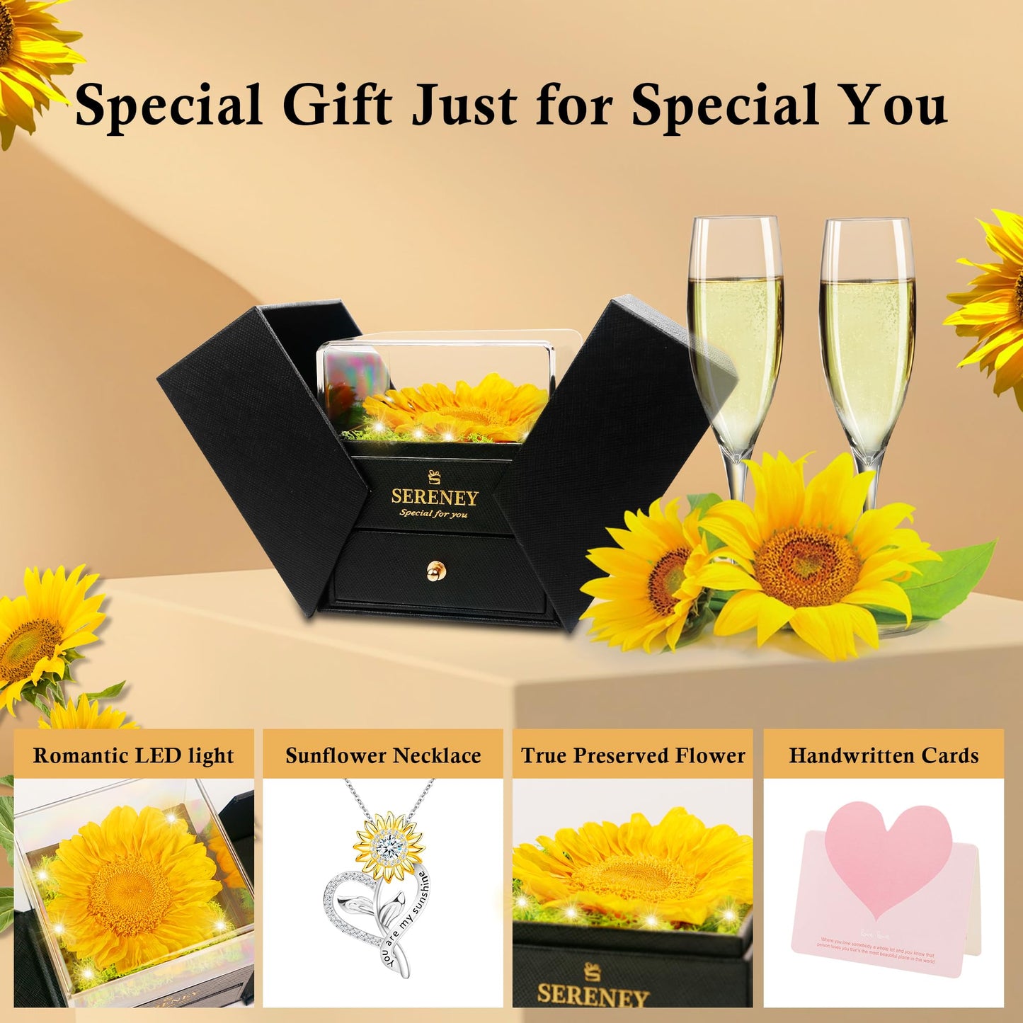 Sereney Preserved Sunflower Gifts for Women, You are My Sunshine Necklace as Flower Jewelry Birthday Gift for Mom, Silver Necklace Anniversary Yellow Gifts for Wife Daughter Girlfriend