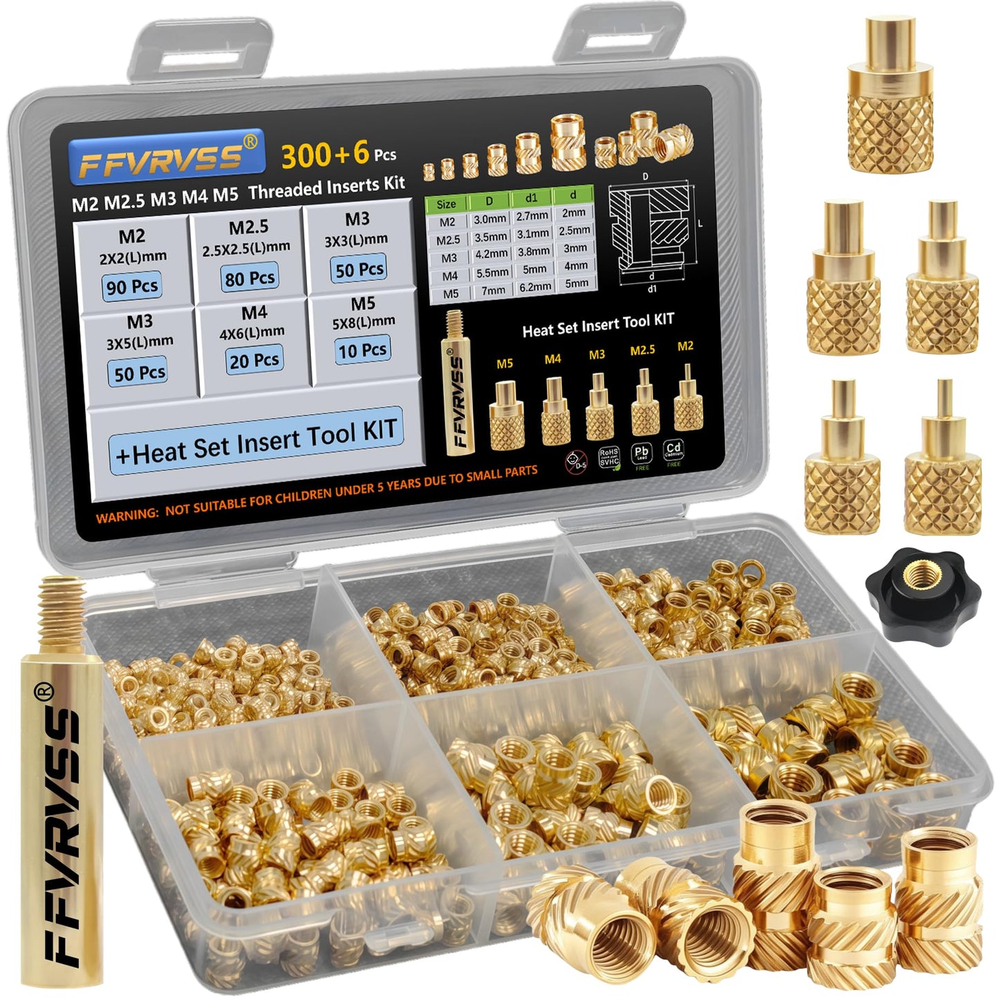 FFVRVSS 300+6Pcs M2 M2.5 M3 M4 M5 Premium Brass Threaded Inserts, Metric Brass Knurled Nuts Assortment Kit, with Heat Set Insert Tool, for Plastic and 3D Printing Components, All-in-one Solutions