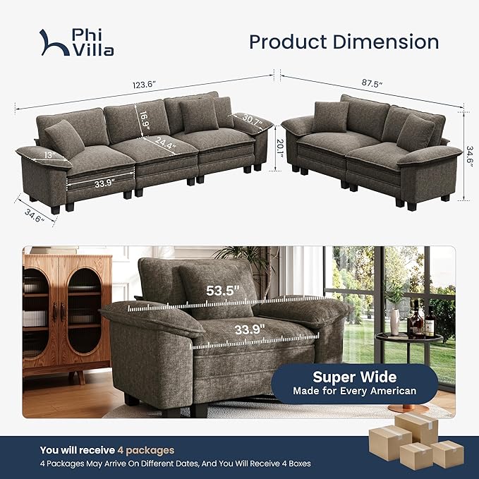 PHI VILLA Cloud Modular Couches Sets, 2 Pieces Comfy Sectional Sofa Set with Loveseat, 5-Seater Upholstered Couch for Living Room, Chenille Fabric, Smoky Grey