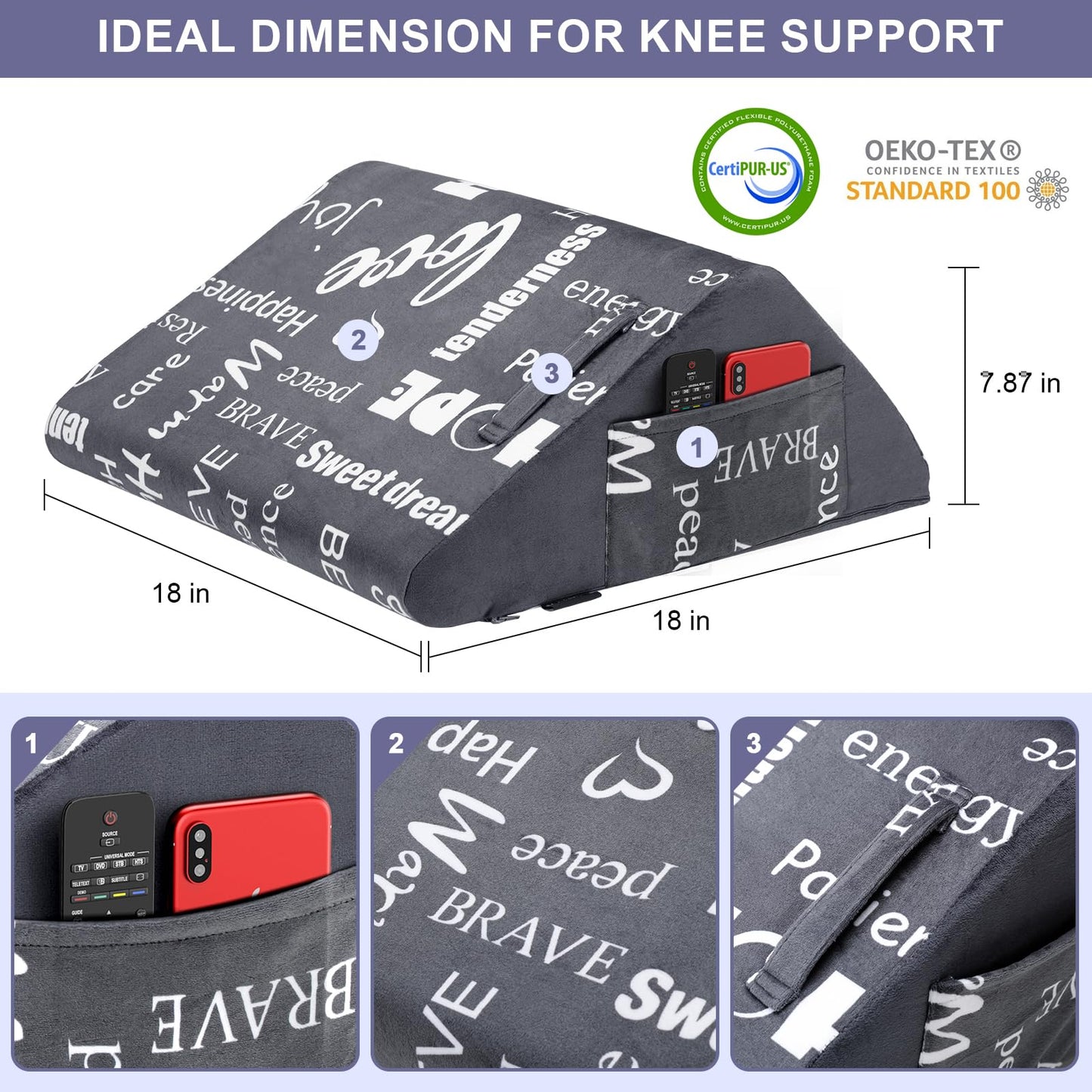 Knee Pillow for Back Sleeping, Leg Wedge Pillows Memory Foam for Legs Post Surgery, Triangle Pillow for Knee Support, Leg Elevation, Knees Hip Back Pain Relief, with Removable Cover and 2 Side Pockets