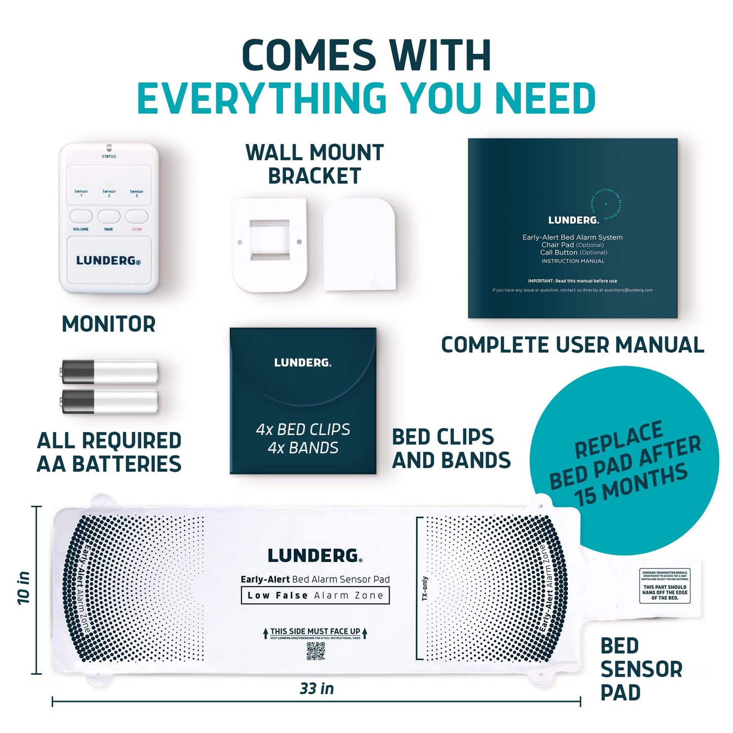 Lunderg Early Alert Bed Alarm for Elderly Adults - Wireless Sensor Pad & Pager - with Pre-Alert Smart Technology - Safety Bed Alarms and Fall Prevention for Elderly and Dementia Patients