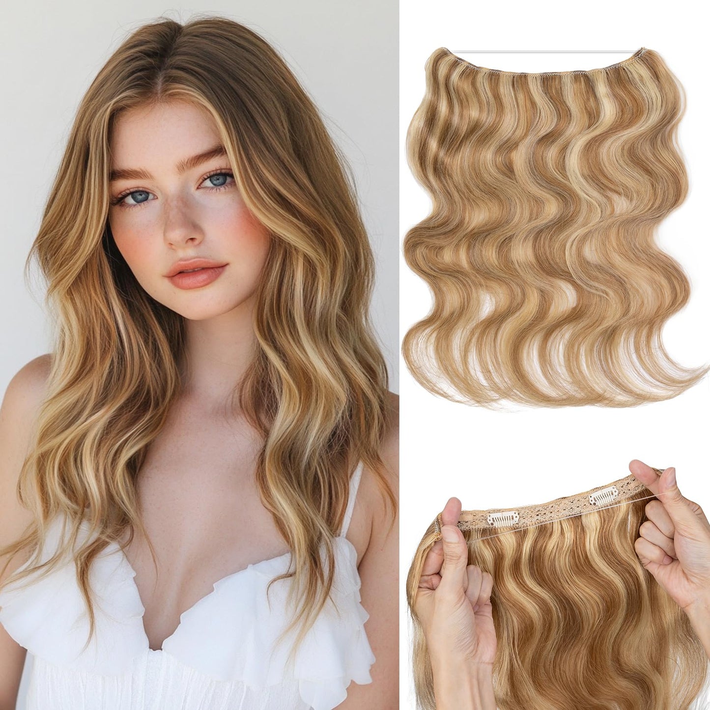 S-noilite Wavy Halo Hair Extensions Real Human Hair,18Inch Invisible Wire Hair Extensions,2 Clips Halo Extensions for Women(Gold