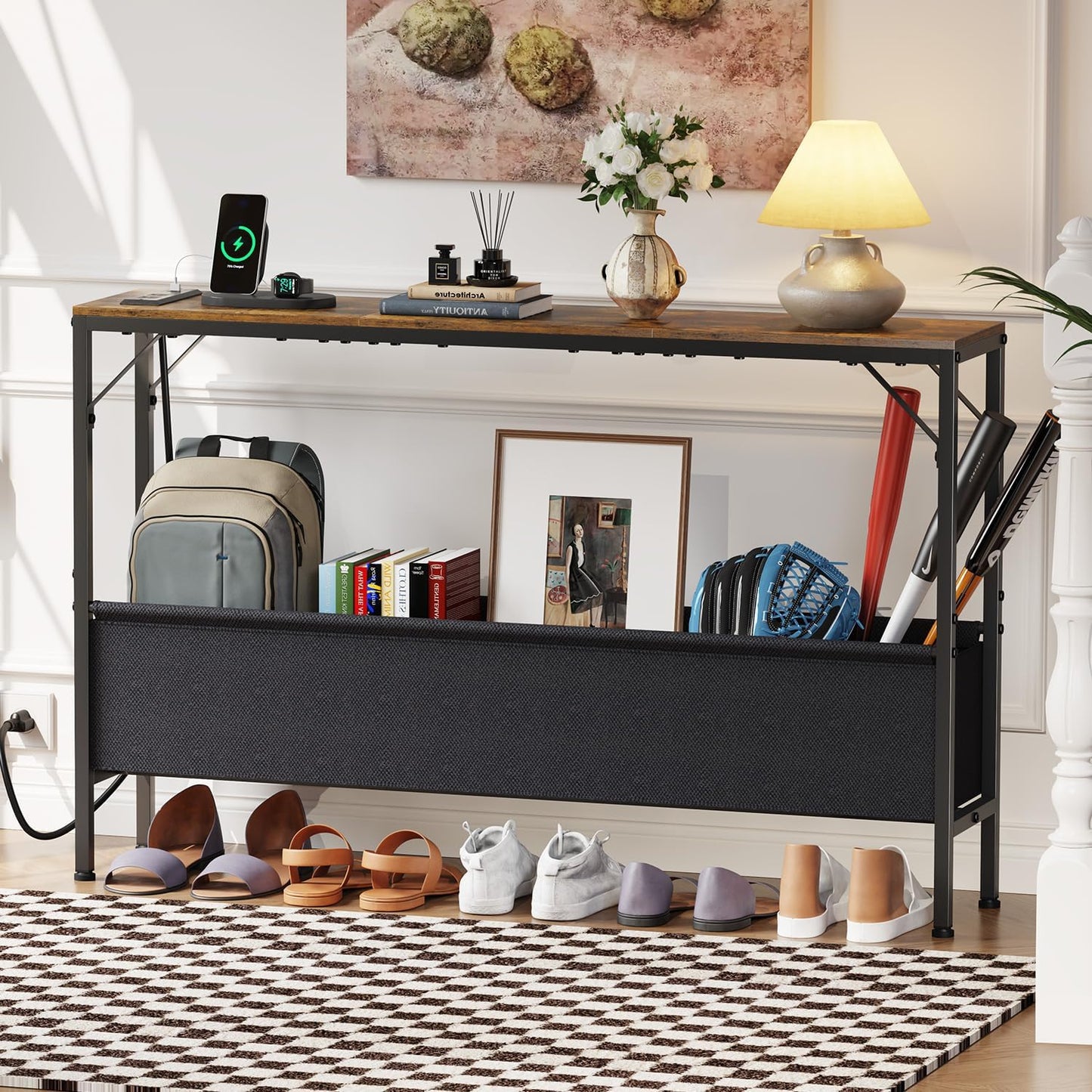 Asgolion Console Table with Charging Station and Storage Basket, 47.2'' Behind Couch Table with Power Outlets USB Ports, Narrow Entryway Table for Hallway, Foyer, Living Room, Rustic Brown