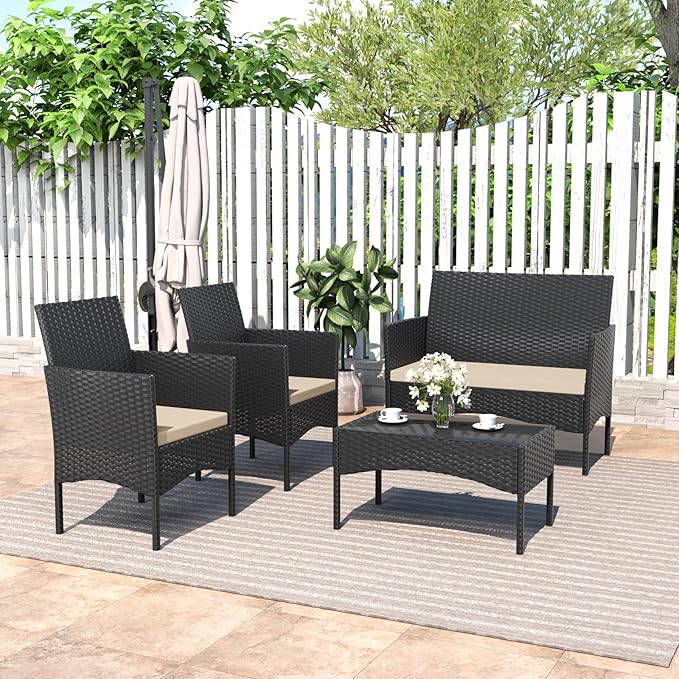 ASJMR 4 Piece Patio Rattan Conversation Set, Outdoor Rattan Chair Wicker Furniture Set, Couple Seats and Tempered Glass Table,Comfort Seat for Patio, Pool or Backyard