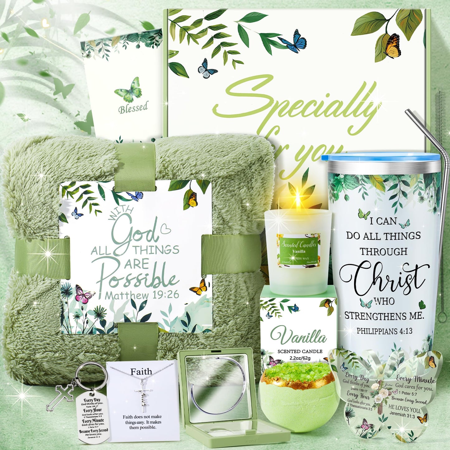 Fortuning's JDS 13PCS Christian Gifts for Women Faith- Inspirational Religious Catholic Gifts Basket, Green Self Care Package Get Well Soon Gifts,Birthday Gifts, for Mom Her Wife Girlfriend Friend