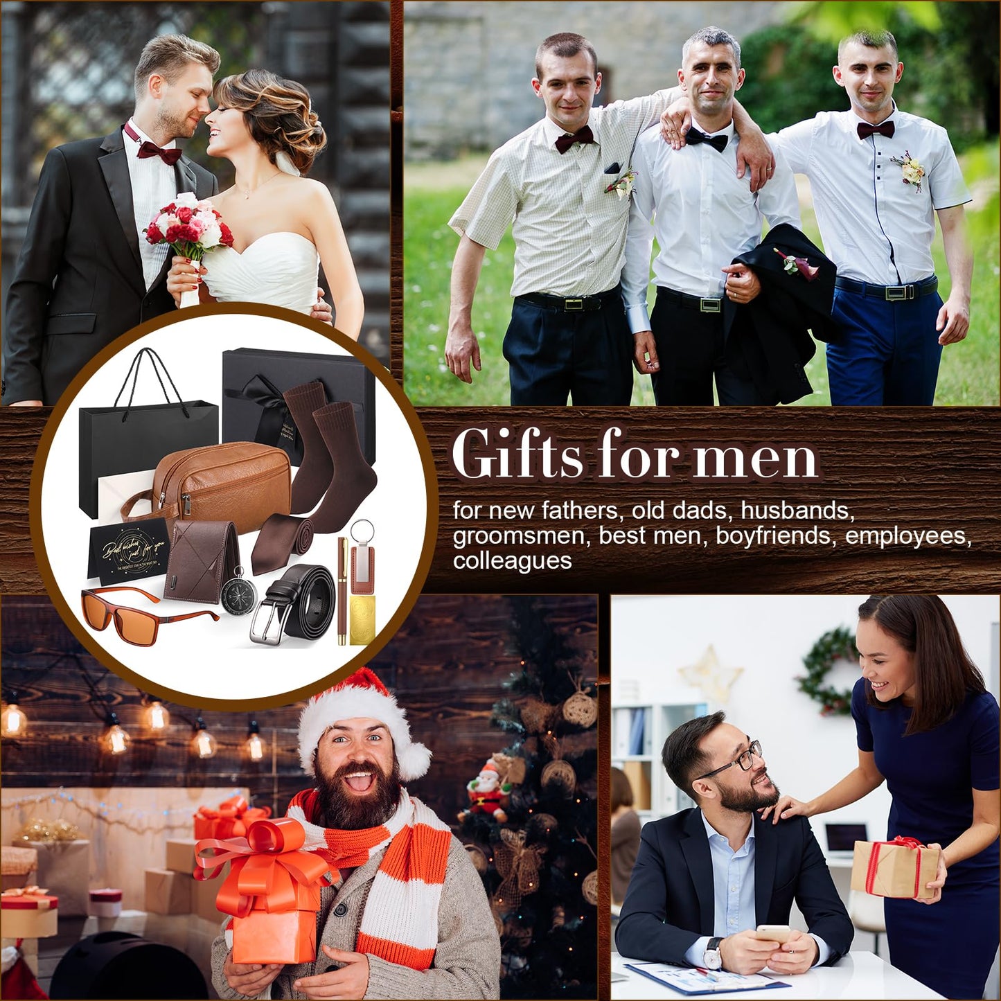 Geyoga 12 Pcs Men Birthdays Gift Set with Box for Men Dad Basket PU Leather Wallet Leather Toiletry Bag Tie Socks Belt Keychain Sunglasses Pen Compass Set for Father's Day(Brown)