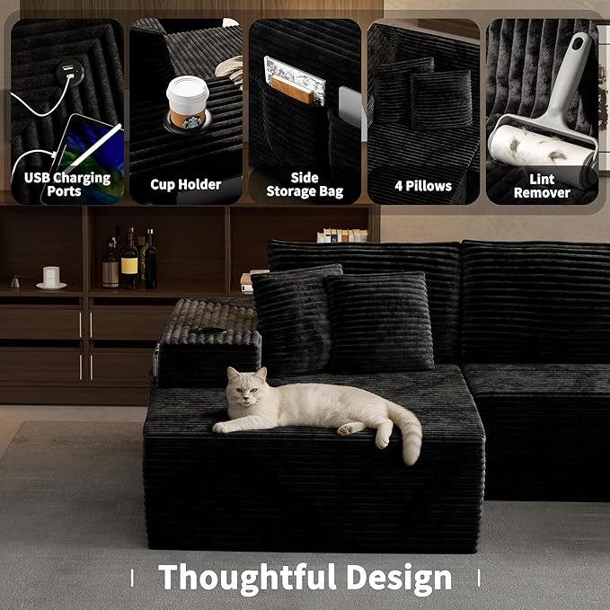 Cibert 104.3" Modular Sectional Sofa, Black Boneless Couch Left Chaise L Shaped Couch with USB Ports, 2 Cup Holders, 2 Side Storage Bags & Lint Remover, No Assembly Sectional Couches for Living Room