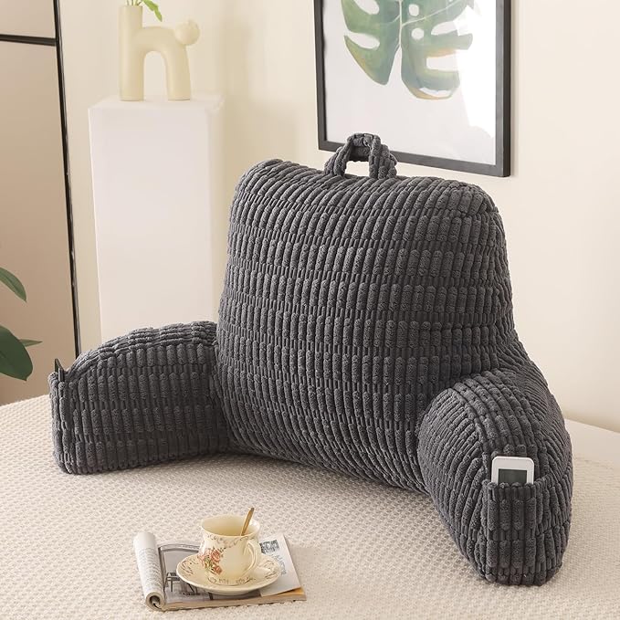 PAJEO Reading Pillow for Sitting in Bed, Large Backrest Reading Pillow with Arm Rest,Back-Rest Support Cushion for Sit Up on Couch, Sofa, and Floor, Dorm Essentials (Grey Corduroy, Standard(17"))