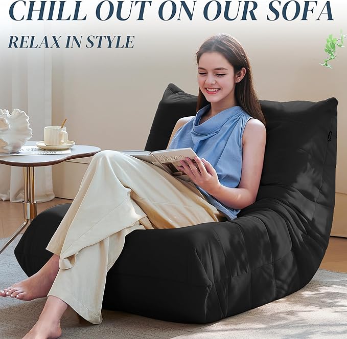 Bean Bag Chair, Fireside Chair Bean Bag Sofa for Adults, Bean Bag Chairs for Teens with High-Resilience Foam, Memory Foam & Non-Slip Base Bean Bag for Living Room, Bedroom, Office (Suede, Black)