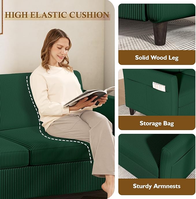 Valthie 60.6" Small Corduroy Loveseat Sofa, Mid-Century Modern 2-Seater Couch with Side Pockets for Small Spaces, Green– Perfect for Living Room, Bedroom, Office & Apartment