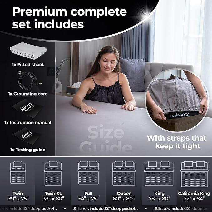 Silvery Silver-Infused Grounding Bed Sheets - Silky-Soft Earthing Fitted Sheet with Grounding Cable & Guide - 90% Lyocell 10% Conductive Silver for Better Sleep & Natural Recovery (Twin XL)