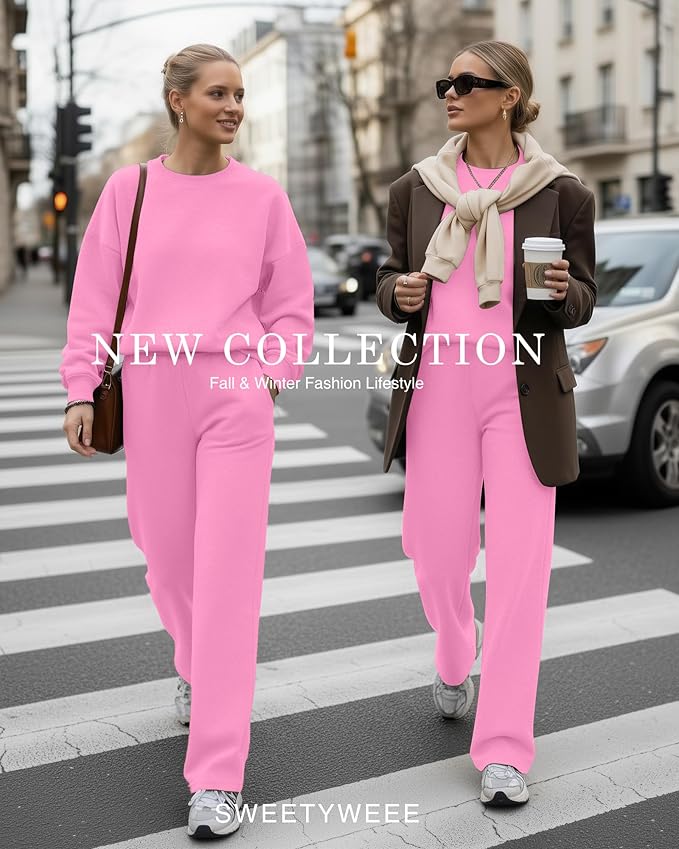 Sweetyweee Women's 2 Piece Outfits Set Fleece Lined Lounge Sweatsuit Crewneck Pullover Top Wide Leg Pants Casual Tracksuit