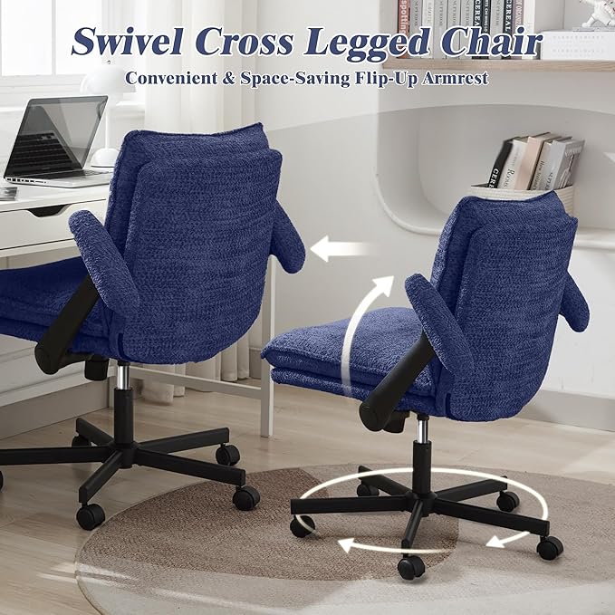 Kassipo Criss Cross Legged Office Chair with Wheels and Flip-Up Arms, Upholstered Criss Cross Desk Chair, Wide Seat Chairs for Home Office, Vanity, Apartment, Navy Blue