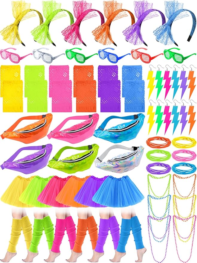 Shinymoon 54 Pcs 80s Accessories for Women Neon Tutu Skirts Light Shutter Glasses Holographic Fanny Pack Lace Headband Ear...