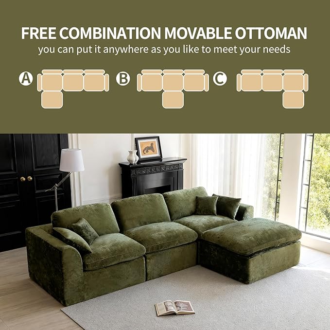 115''Cloud Sectional Couch, Modern L-Shape Sofa with Ottoman, Oversized Convertible 3 Seater Modular Couches for Living Room, Forest Green