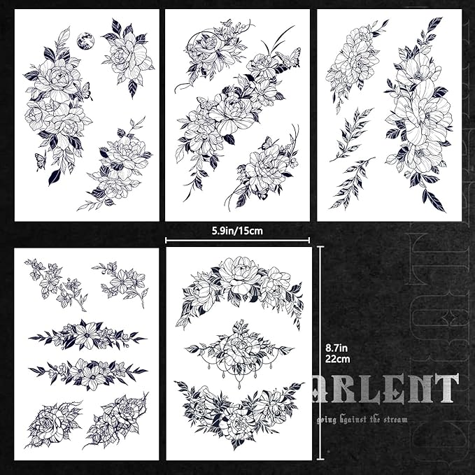 CHARLNET 5 Sheets Flower Semi-Permanent Tattoos for Women - 2 Weeks Long Last Rose Fake Tattoos for Women Arm Body/Fades Naturally/No Reflection/Waterproof/Realistic