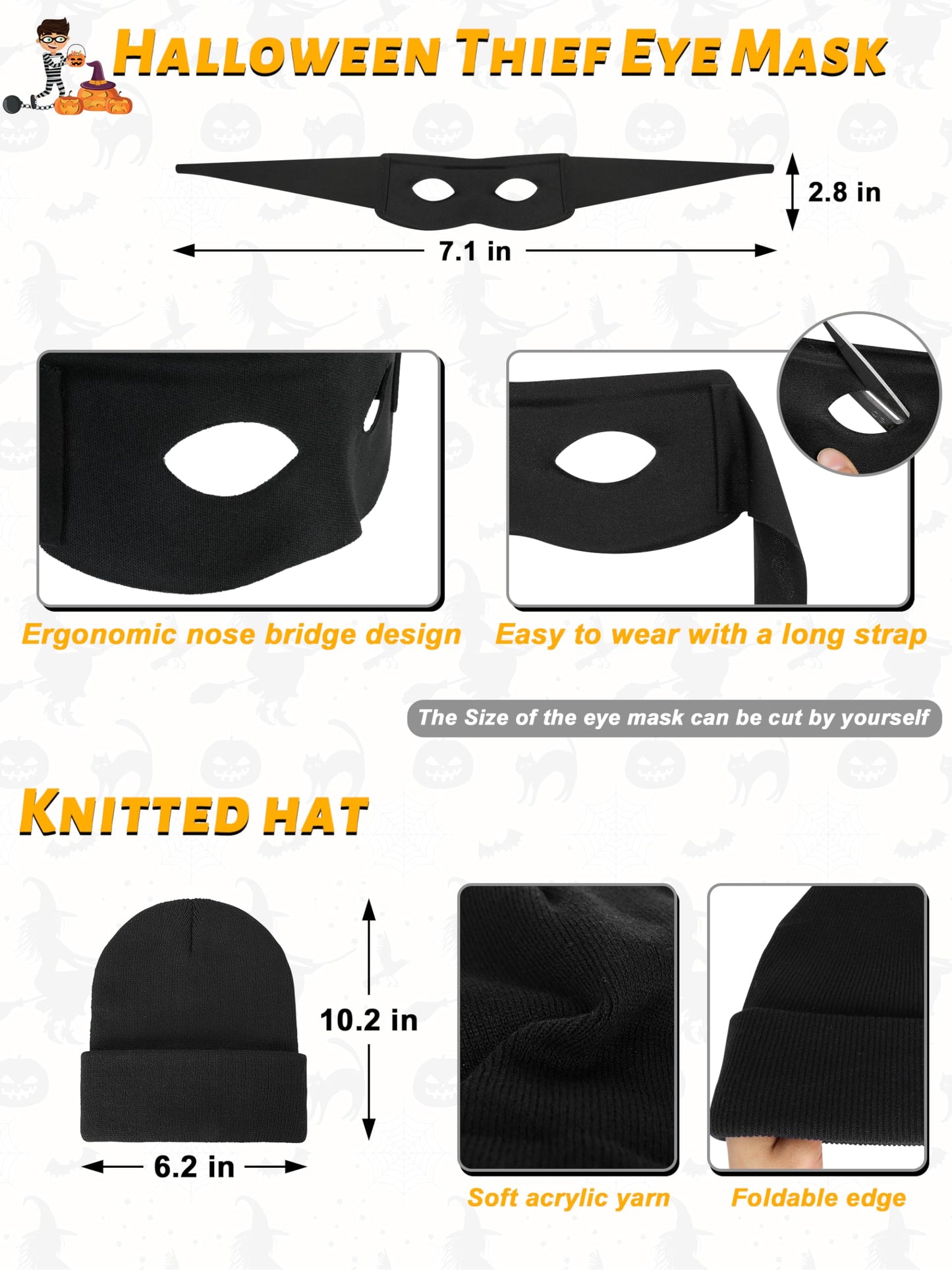 QZYL Robber Costume Set, XL Unisex Thief Cosplay T Shirt Beanie Cap Gloves Eye Masks Money Bags for Halloween