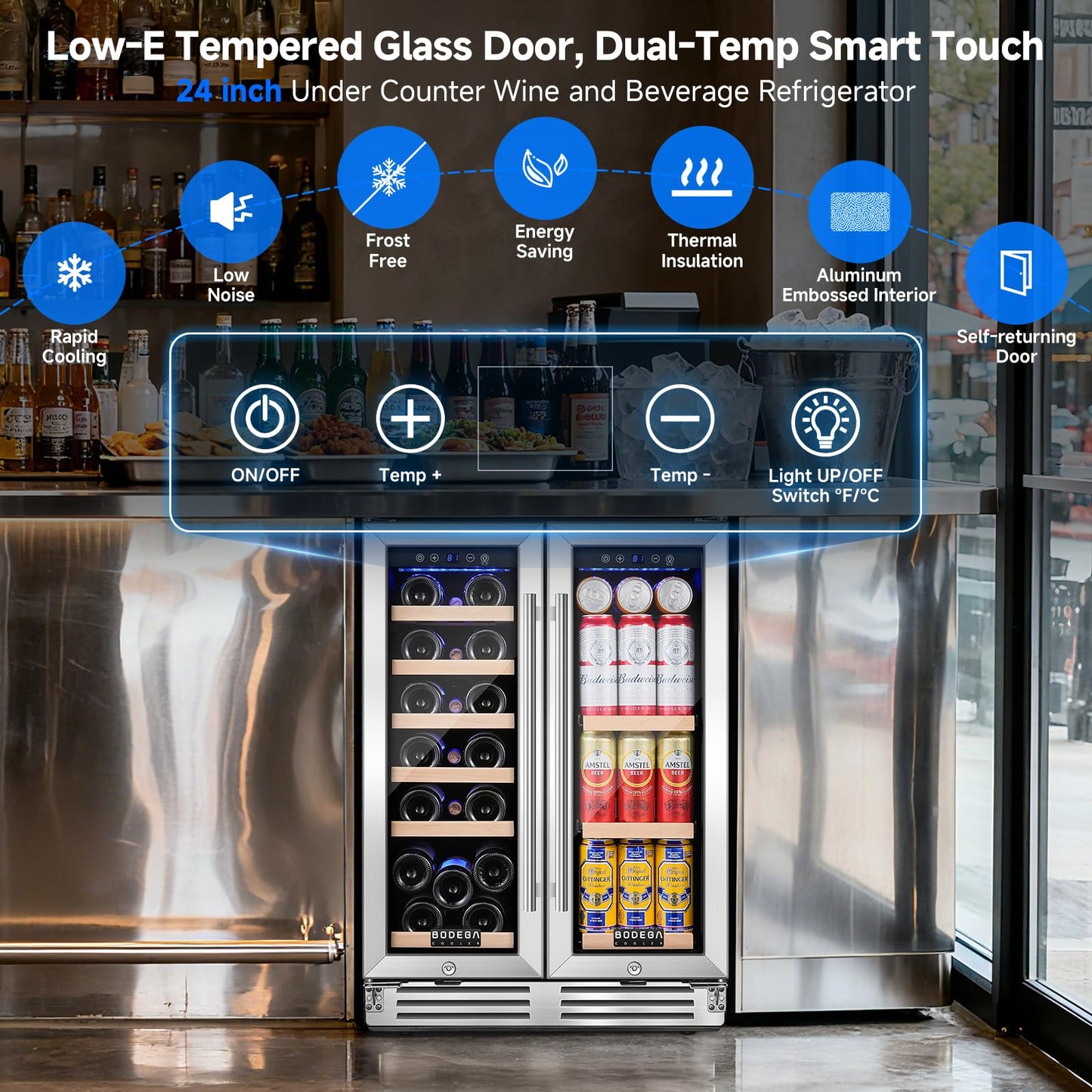 BODEGACOOLER Wine and Beverage Refrigerator, 24 Inch Under Counter Commercial Beverage Refrigerator, Large Capacity Back Bar Cooler With 2 Glass Doors,LED Lighting for Beer,Soda,Wine,4.1 Cu.Ft.,Black.