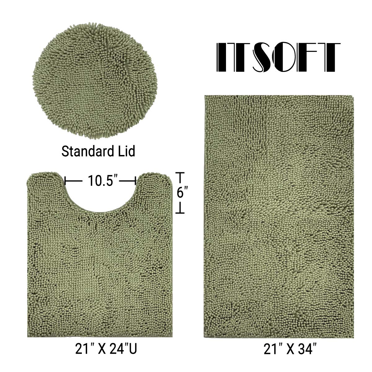 ITSOFT 3pc Non-Slip Shaggy Bathroom Mat Set, Includes 24 x 21 Inches U-Shaped Contour Toilet Rug, 34 x 21 Inches Bathmat and 1 Toilet Lid Cover, Sage Green