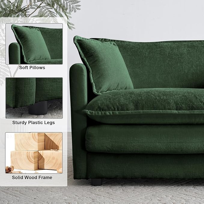 KIVENJAJA Oversized L-Shaped Modular Sectional Sofa, Modern Comfy Chenille 4-Seater Deep Seat Cloud Couch with Ottoman/Chaise & 6 Pillows for Living Room Office, 146.5”W, Green