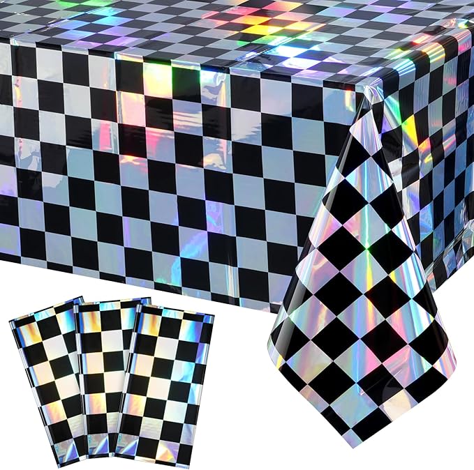3Pack Black and Iridescent Checkered Plastic Tablecloth, Shiny Disposable Laser Rectangle Table Covers, Holographic Foil T...