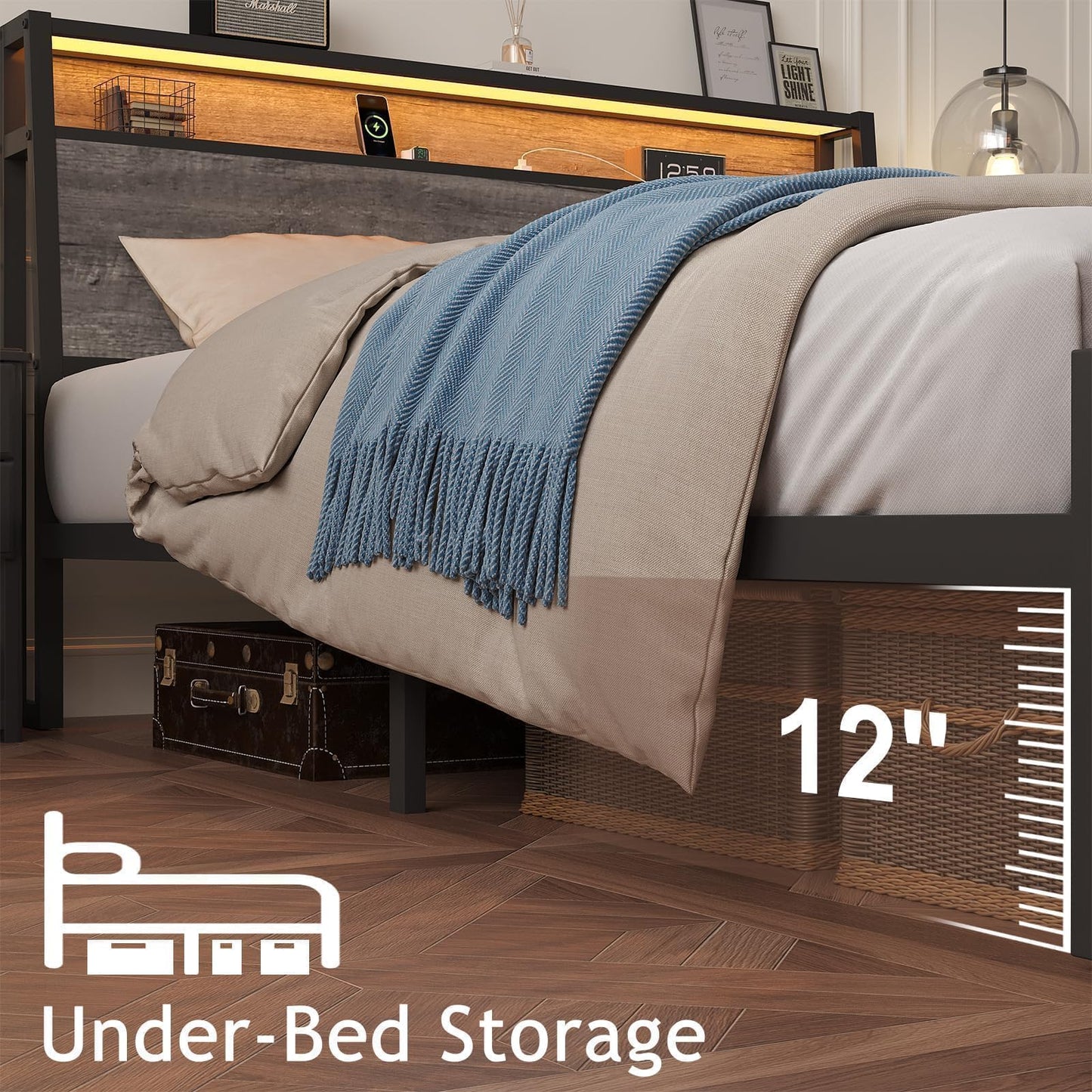Twin Bed Frame with LED Lights and Charging Station, Twin Size Bed Frames with Ergonomic Storage Headboard, Heavy Duty Metal Slats Support, No Box Spring Needed, Noise-Free, Easy Assembly, Grey