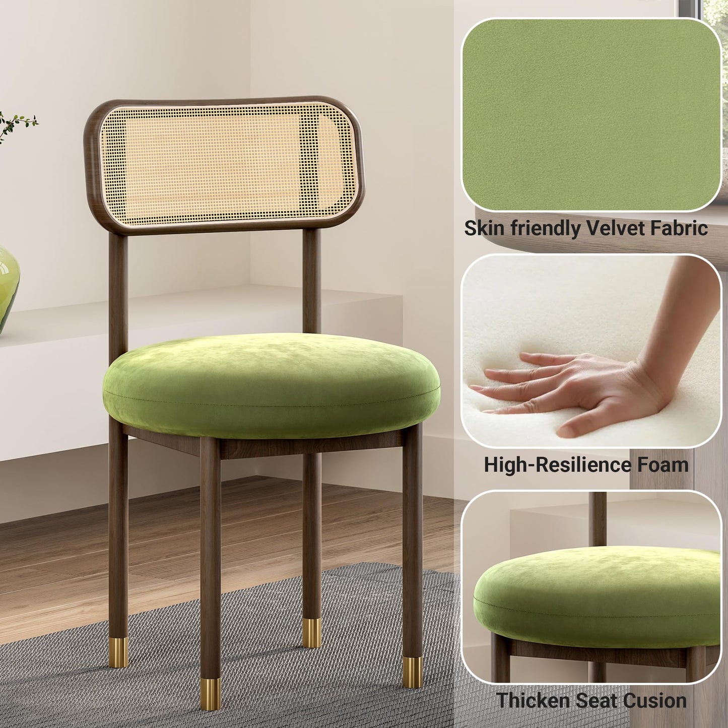 HoeuThien Upholstered Rattan Dining Chairs Set of 4, Mid Century Modern Kitchen Chairs with Curved Back and Solid Wood Legs Armless Accent Chair for Living Room Bedroom Restaurant, Walnut/Green Velvet