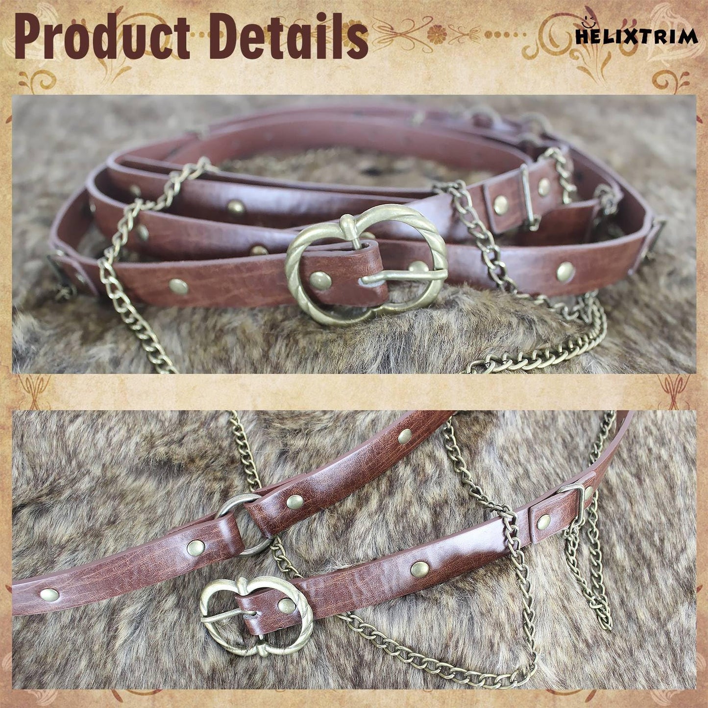 HelixTrim Renaissance Belt Medieval Thin Viking Style Pirate Belt for Women with Gold Chain Faux Leather Accessories Extra Long Plus Size for Ren Faire,LARP,Elf Fairy Cosplay Gift,Brown
