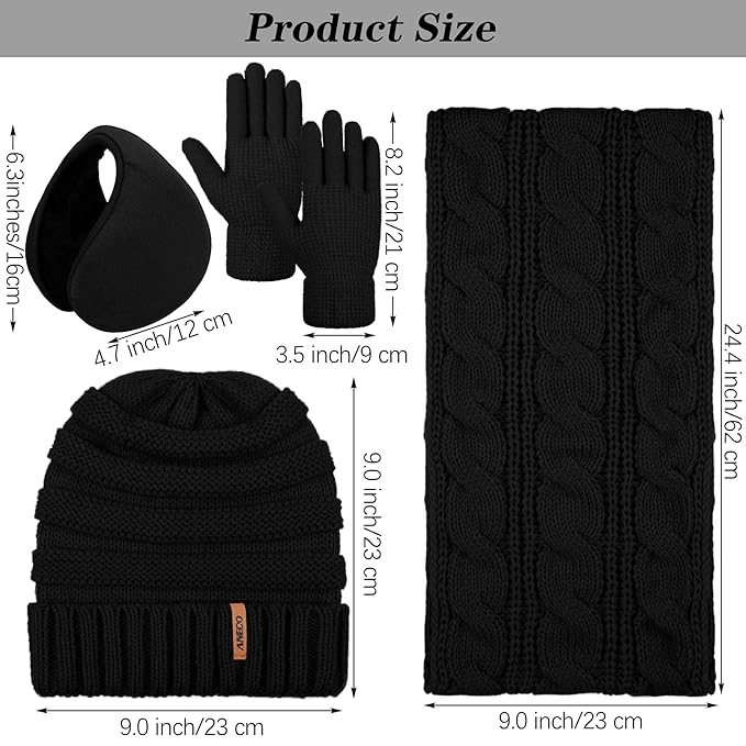 Aneco Winter Warm Sets Knitted Scarf Beanie Hat Touch Screen Gloves and Winter Ear Warmer for Men or Women