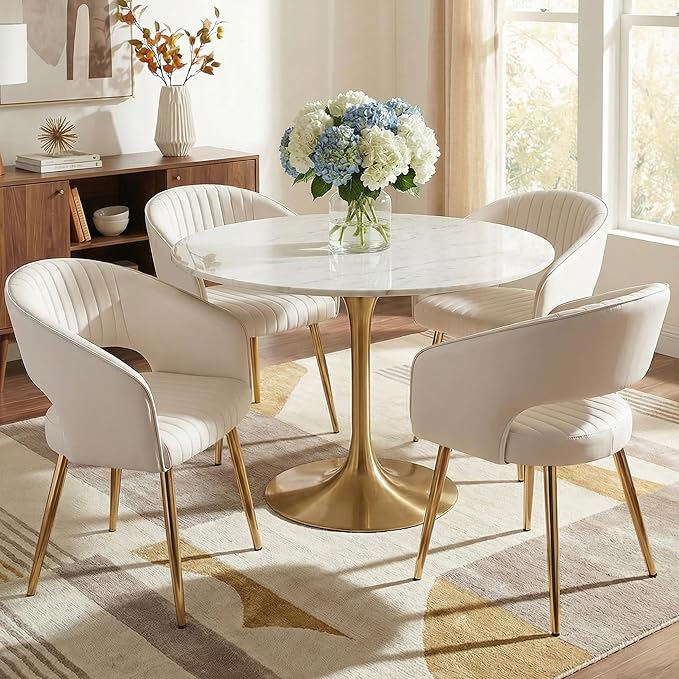 COMULER Faux Leather Dining Chairs Gold Legs, Modern Cream PU Leather Dining Room Chairs with Arms Set of 6 Upholstered Accent Chair Armchair with Barrel Back for Kitchen Living Room