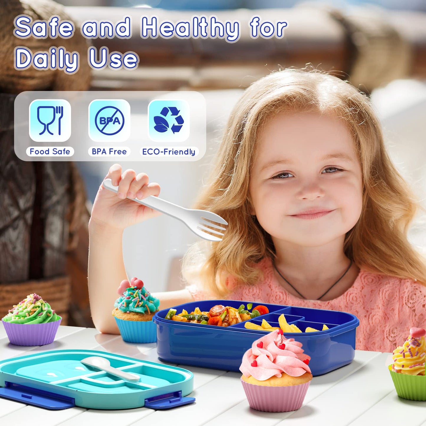 TIME4DEALS Kids Bento Lunch Box Leakproof Lunch Box with 4 Compartments Lunch Containers with Tableware Kids Bento School Lunch Boxes with Container 44oz, Microwave Dishwasher Freezer Safe (Blue)