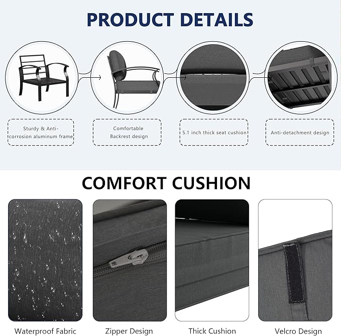 RTDTD Aluminum Outdoor Patio Furniture Set,7 Seats Patio Conversation Sets with Rectangular Coffee Table,Metal Patio Sectional Furniture Set with 2 Swivel Rocking Chairs,Grey