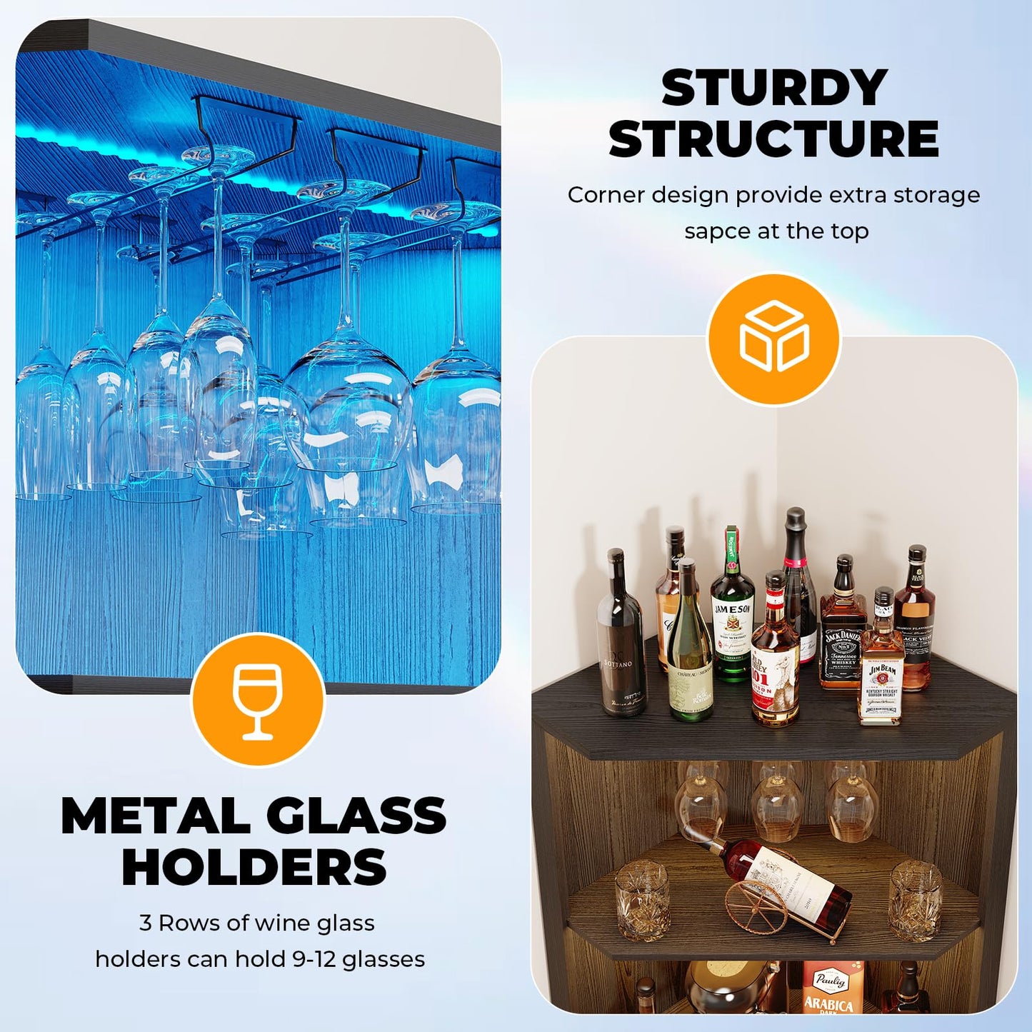 BROTTAR Corner Wine Bar Cabinet with LED Lights, 65" Tall Liquor Coffee Bar Cabinet with Glasses Holder & Tempered Glass Door, Alcohol Storage Hutch with Human Body Sensor for Dining Room, Black