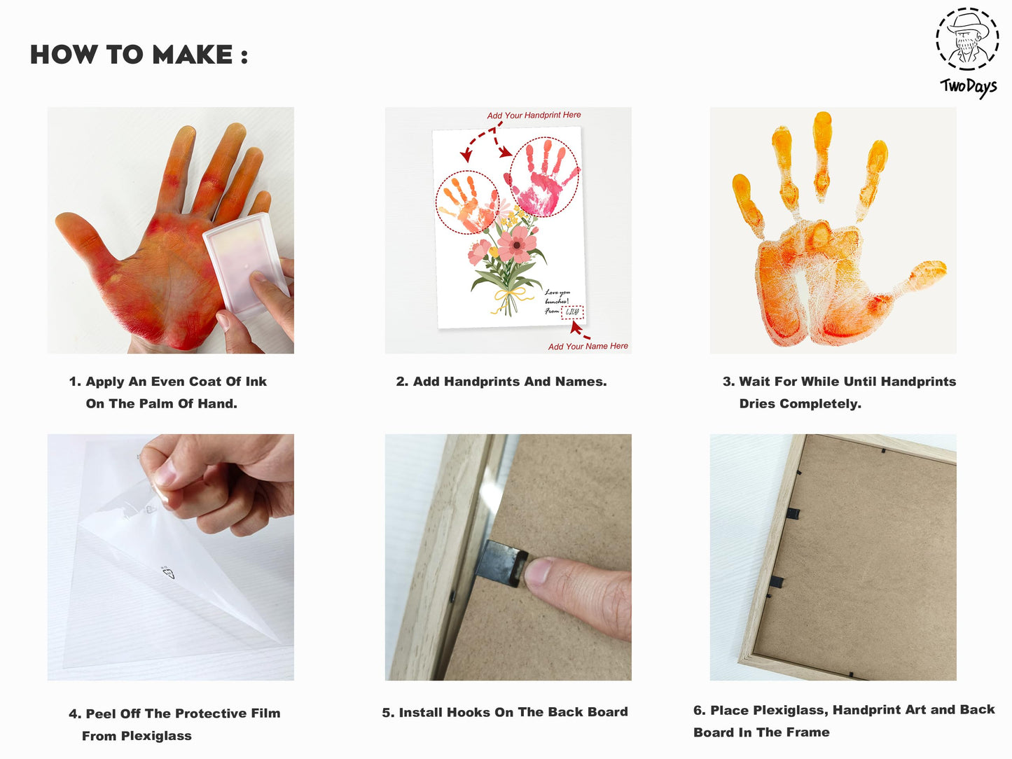 TwoDays Flower Bouquet Handprint Art Craft DIY Kit, Unique Gifts for Mom from Daughter or Son for Mother's Day Birthday Christmas, Gift for Grandma.(12" X 16", with Wood Frame)